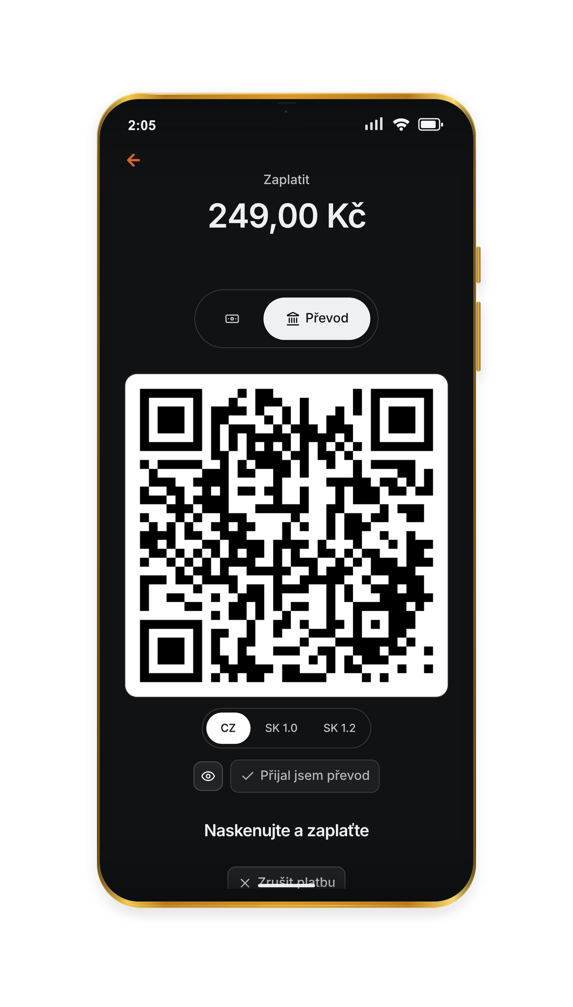 Payky ukazuje QR kód pro bankovní převod