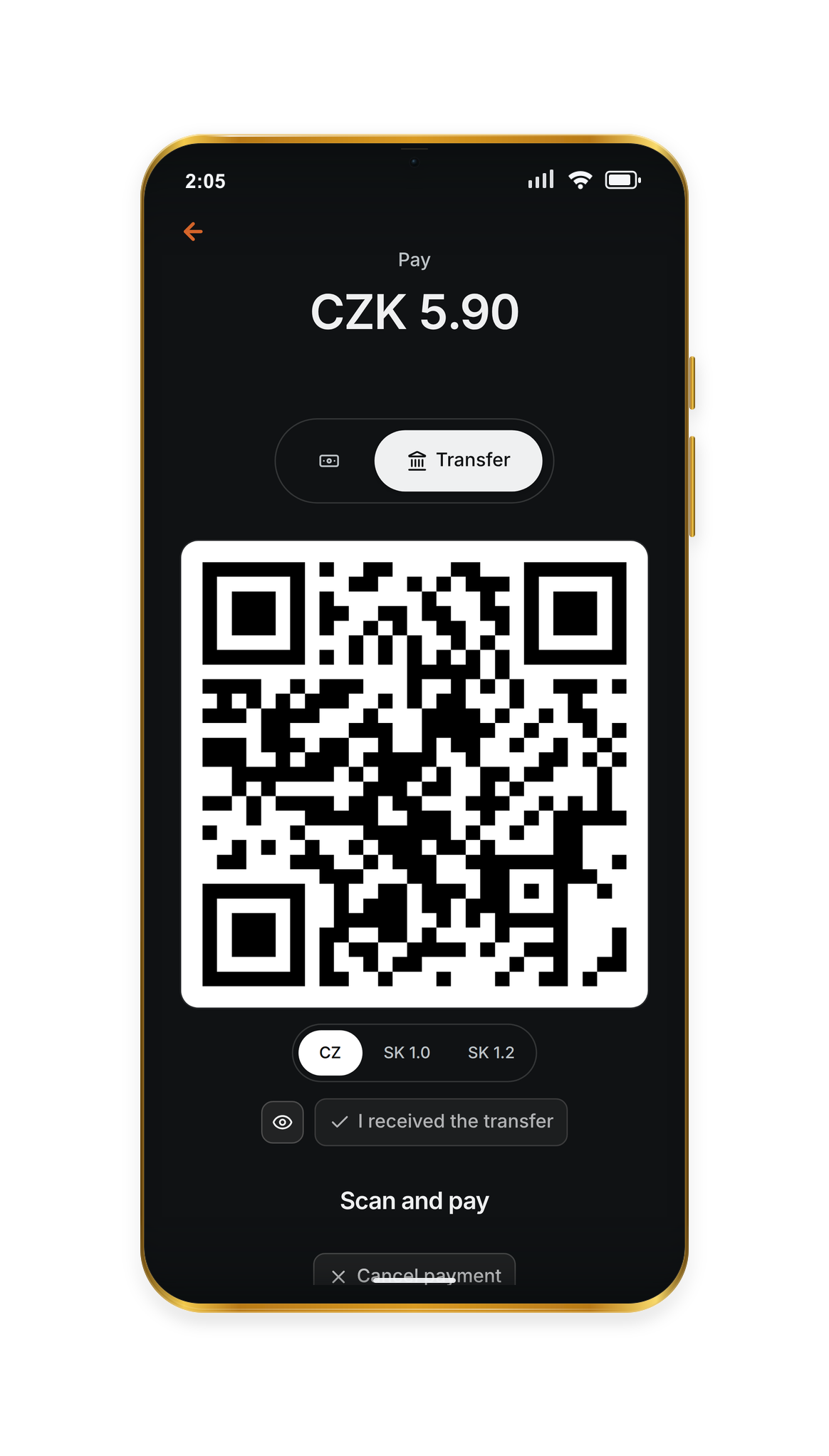Payky showing a QR code for a bank transfer