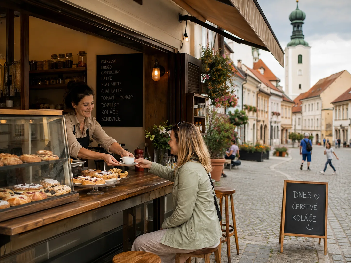 Barista podává kávu zákazníkovi u stánku s pečivem